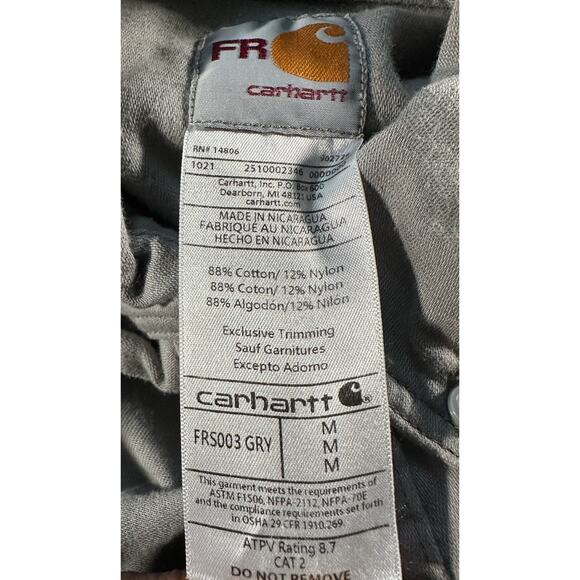 Carhartt FR Shirt Mens Gray Long Sleeve Button FRS003 GRY Cat 2 Fire Resistant - Picture 7 of 10